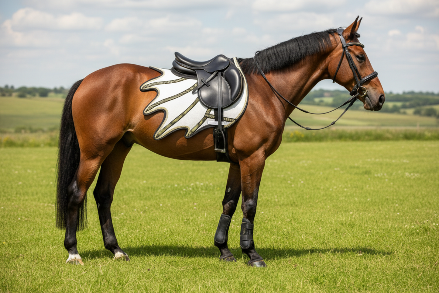 Sparkling White Dragon Saddle Pad, Ear Bonnet & Horse Boot Set