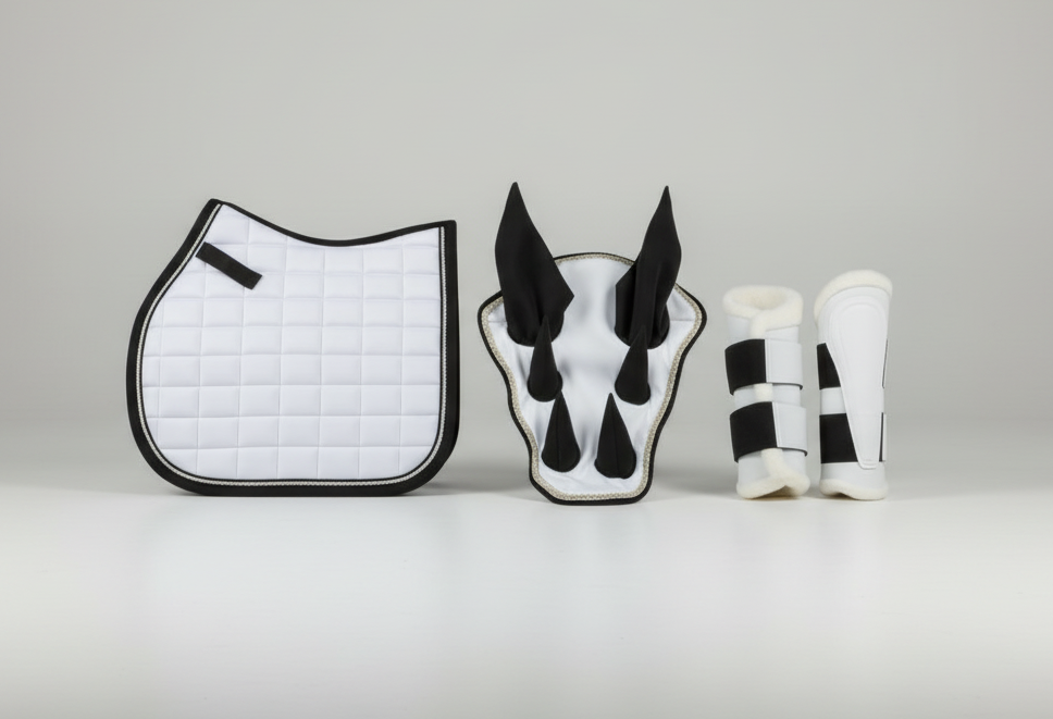 Sparkling White Dragon Saddle Pad, Ear Bonnet & Horse Boot Set
