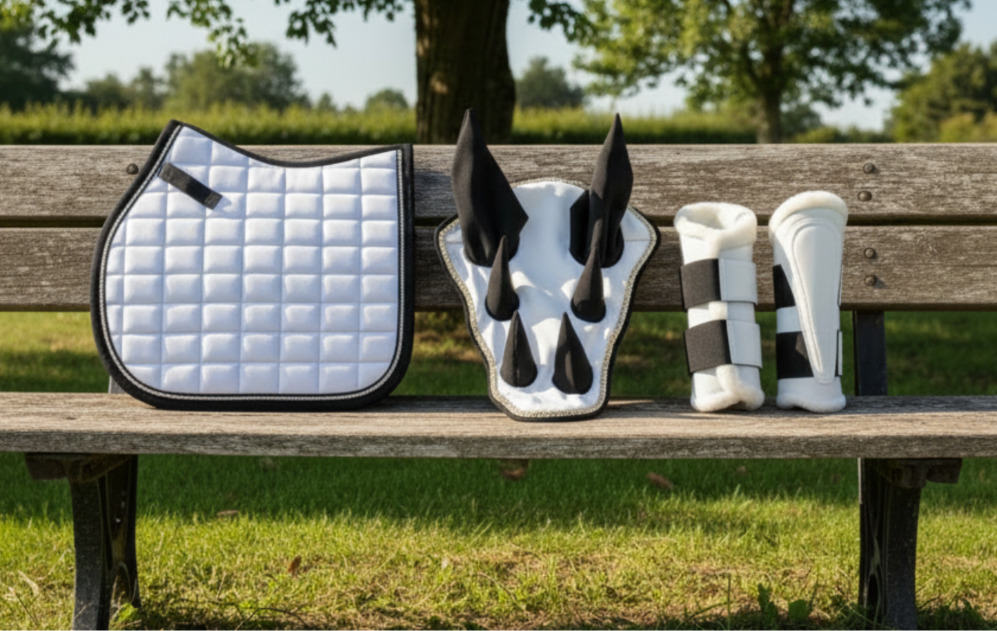 Sparkling White Dragon Saddle Pad, Ear Bonnet & Horse Boot Set
