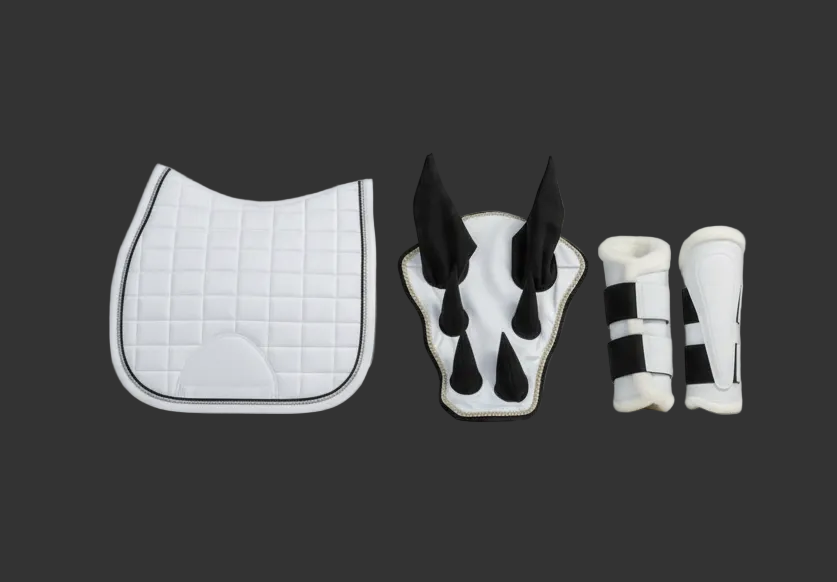 Sparkling White Dragon Saddle Pad, Ear Bonnet & Horse Boot Set