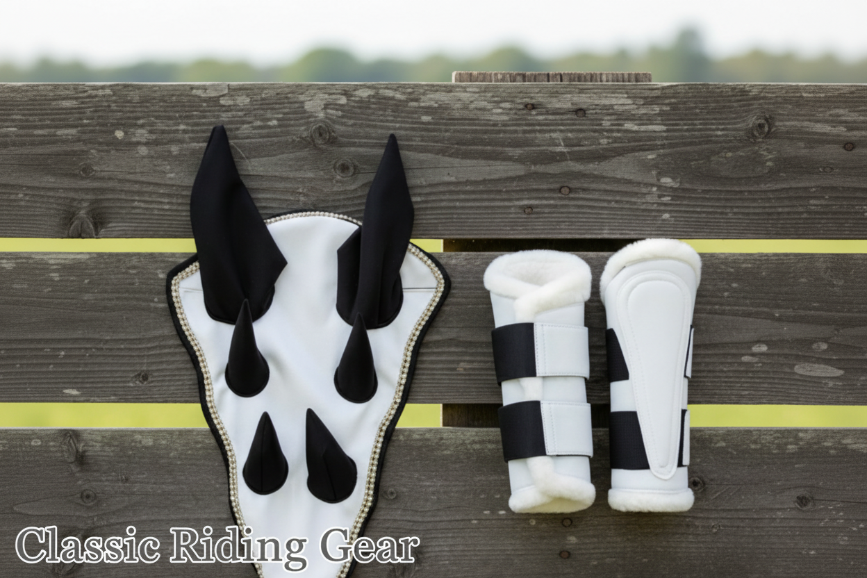 Sparkling White Dragon Saddle Pad, Ear Bonnet & Horse Boot Set