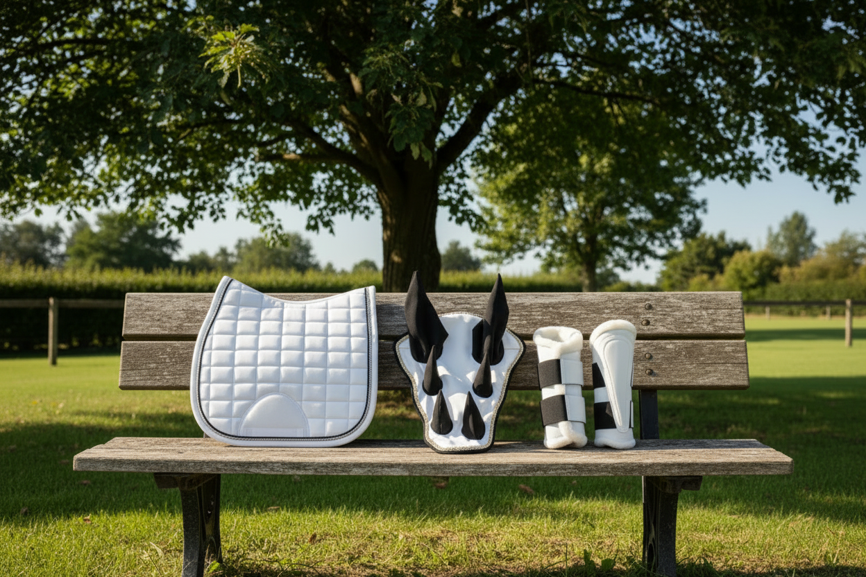 Sparkling White Dragon Saddle Pad, Ear Bonnet & Horse Boot Set