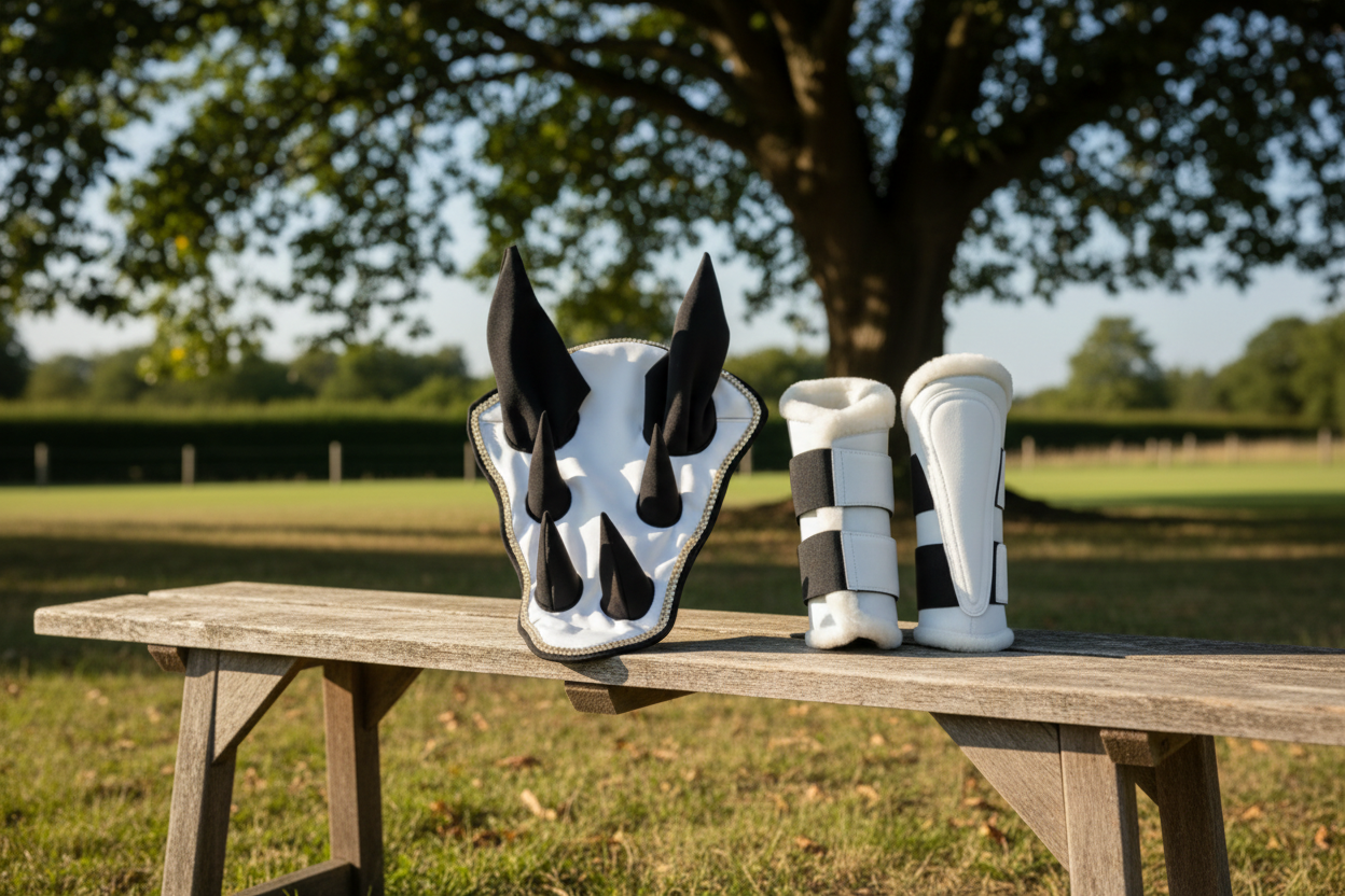 Sparkling White Dragon Saddle Pad, Ear Bonnet & Horse Boot Set
