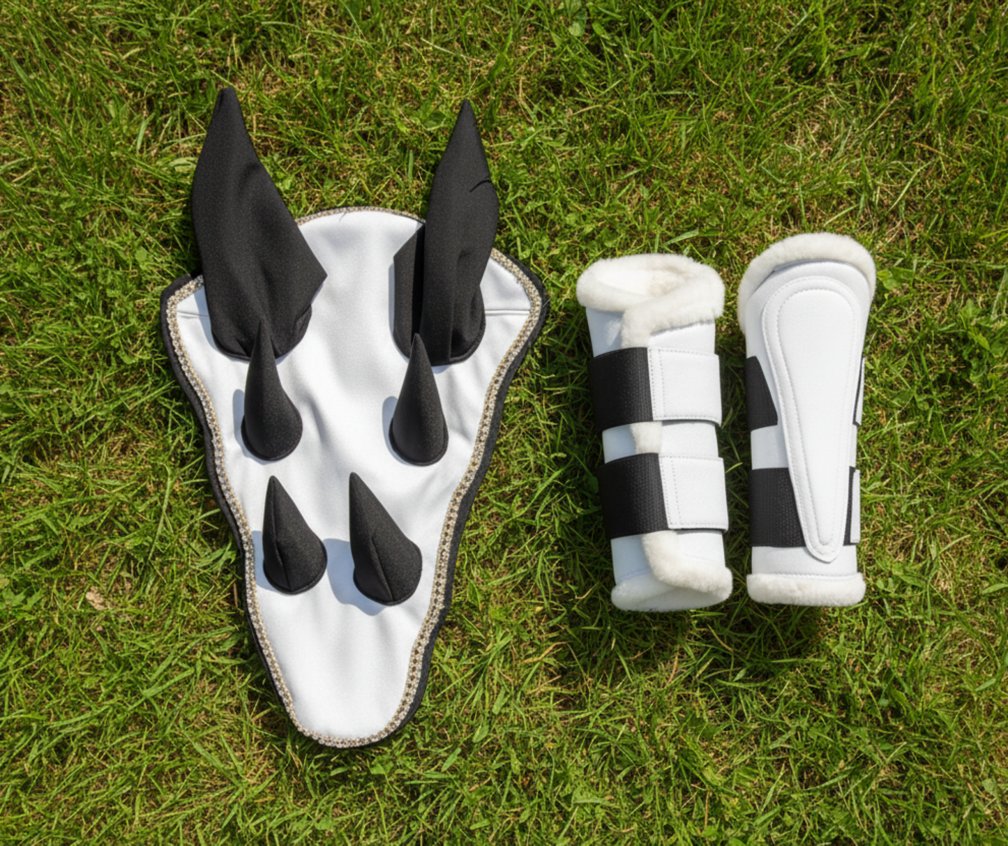 Sparkling White Dragon Saddle Pad, Ear Bonnet & Horse Boot Set