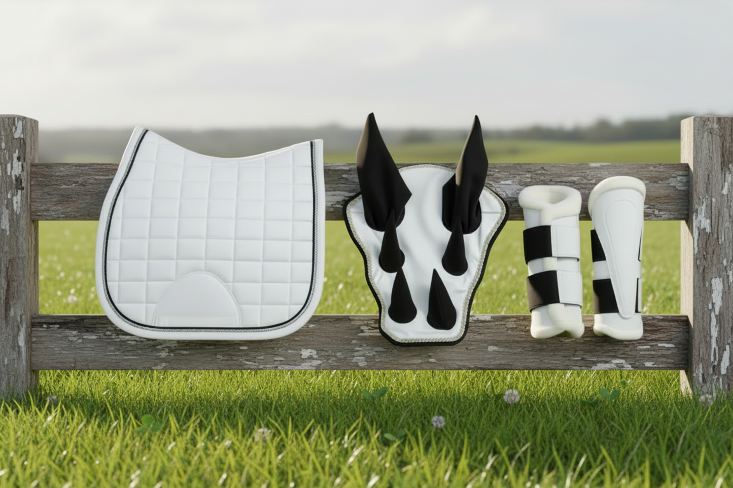 Sparkling White Dragon Saddle Pad, Ear Bonnet & Horse Boot Set