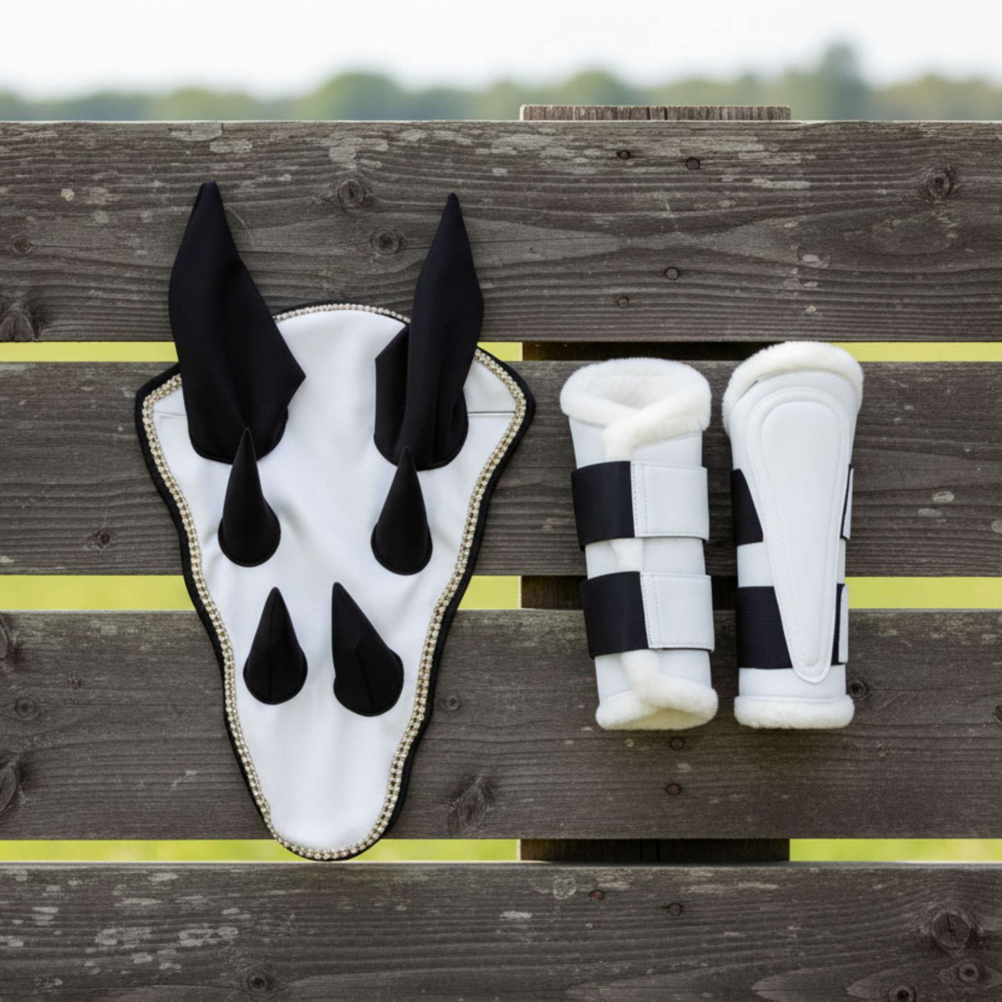 Sparkling White Dragon Saddle Pad, Ear Bonnet & Horse Boot Set